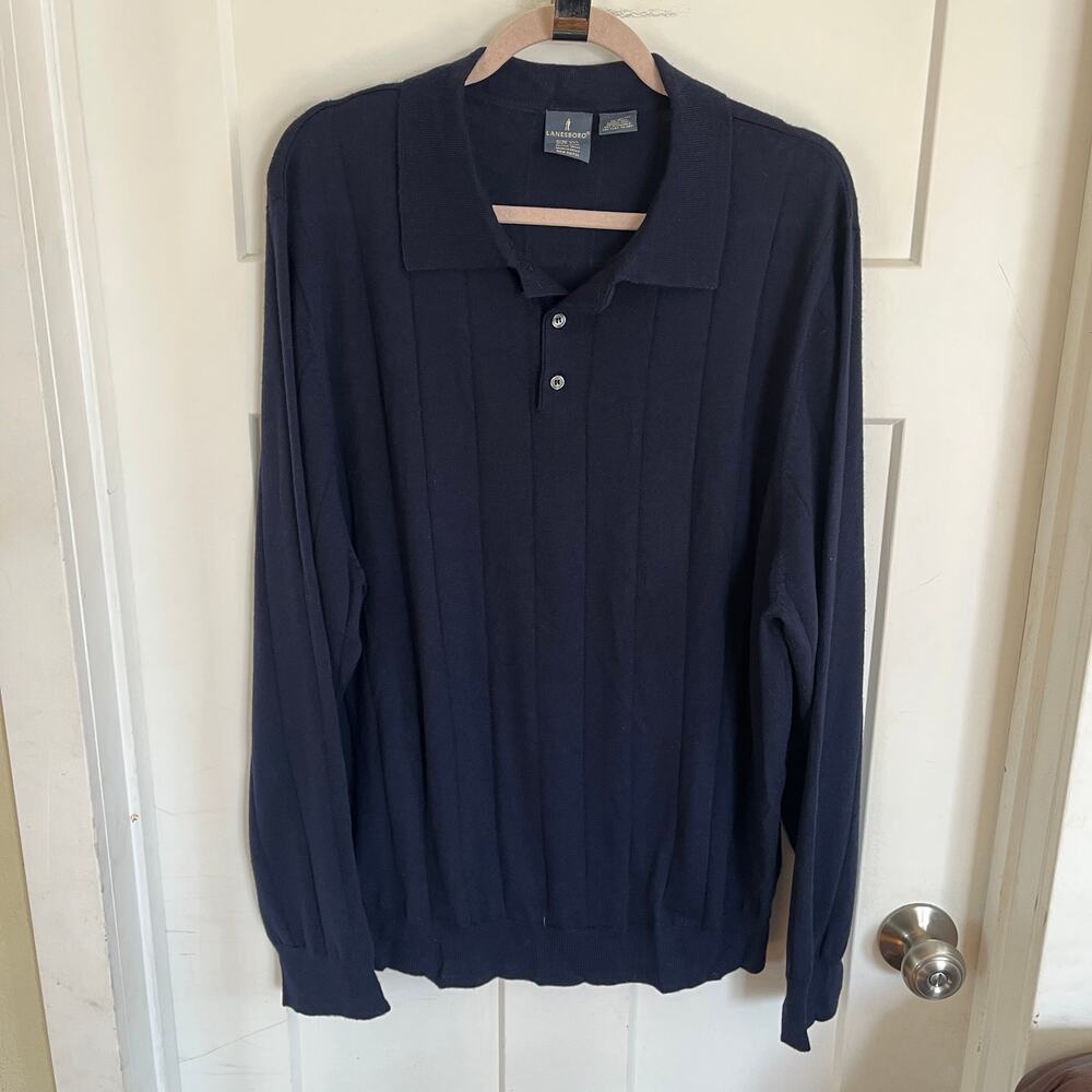 100% Italian Merino Wool Sweater XXL Navy Ribbed 3-Button Polo